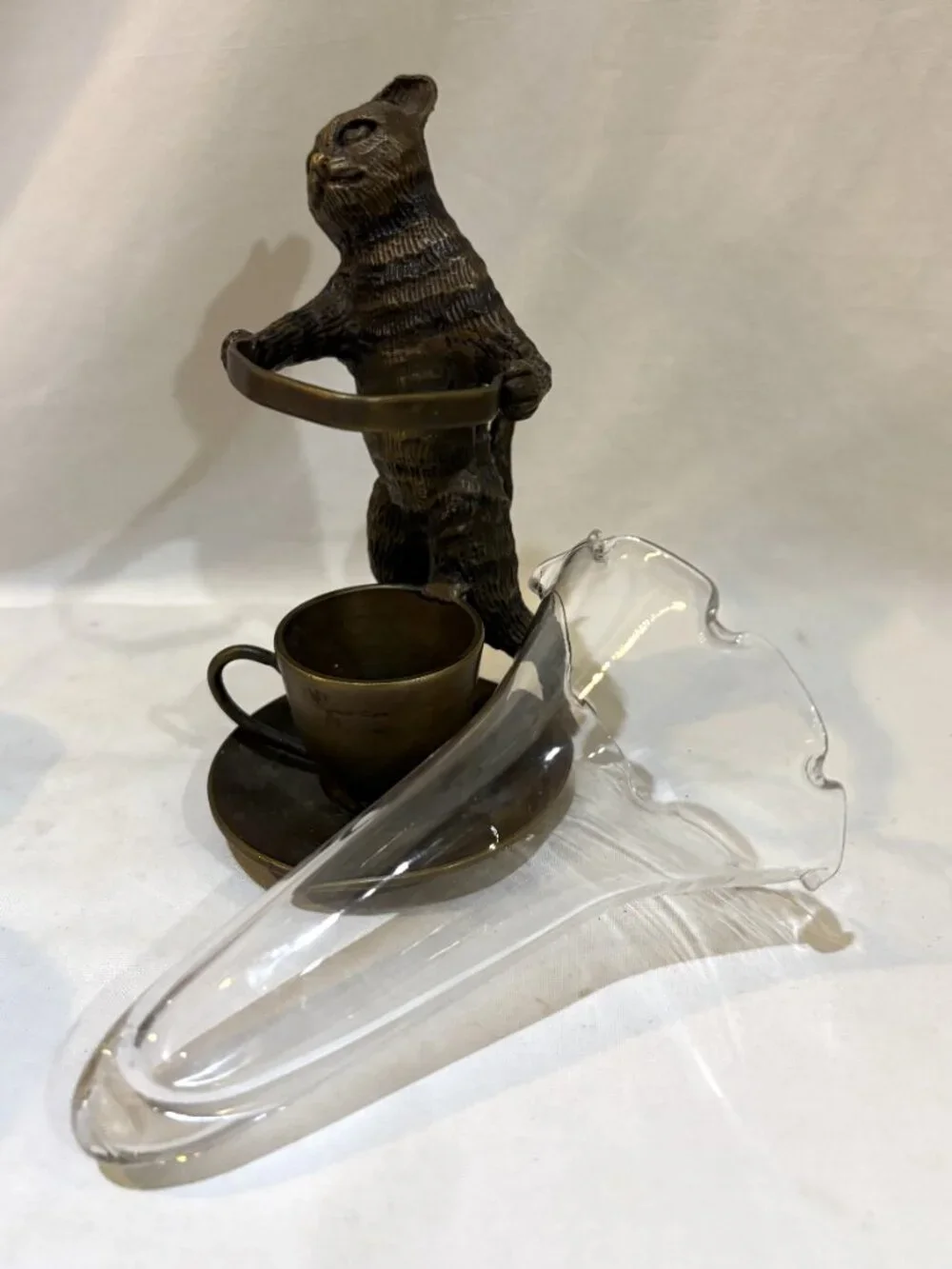 Cast Iron Cat Holding Clear Glass Vase